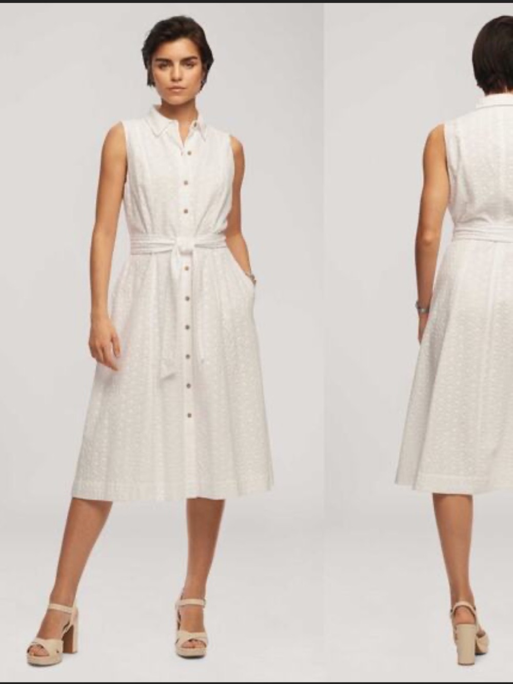 Anne Klein White Sleeveless Eyelet Midi Dress with Tie Waist Size 8